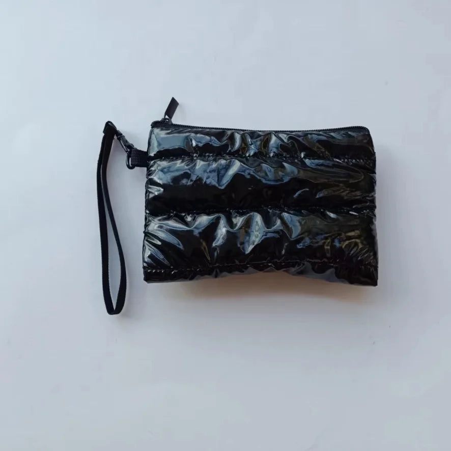 Fashion Mini Wristlet Pufffer Bag with Chains Zipper Closure Waterproof Lightweight Puffer Fabric Tote Case for Daily Use