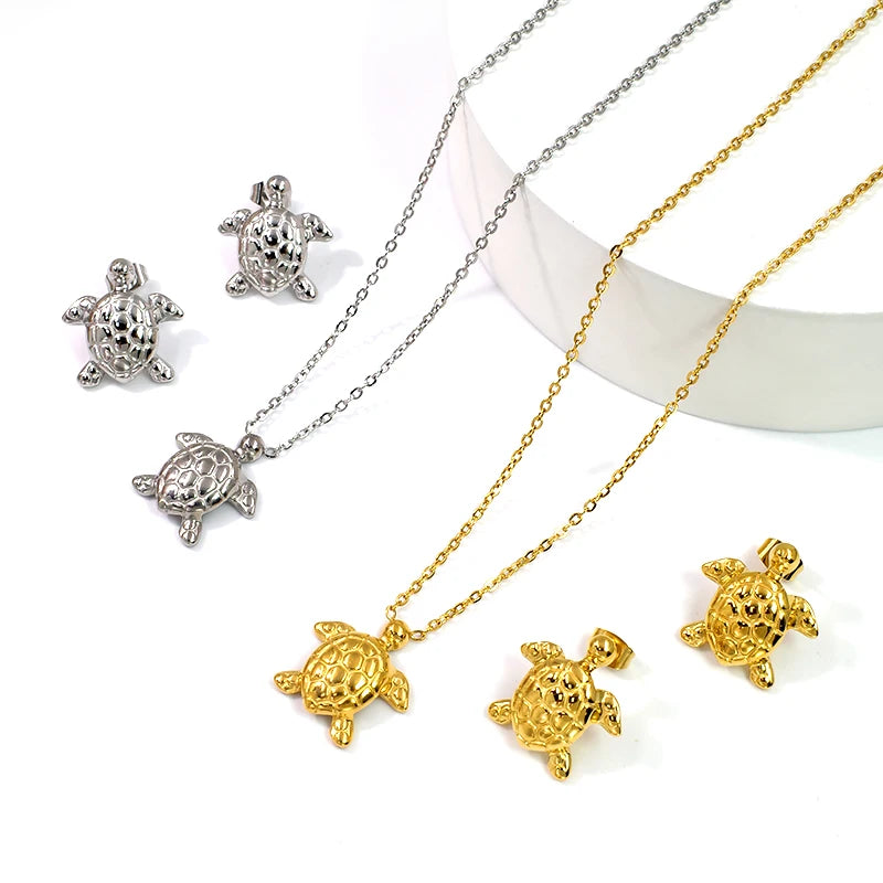 New Design Stainless Steel Gold Beach Sea Turtle Necklace with Nickle Free Waterproof Dainty Animal Earrings Children's Jewelry