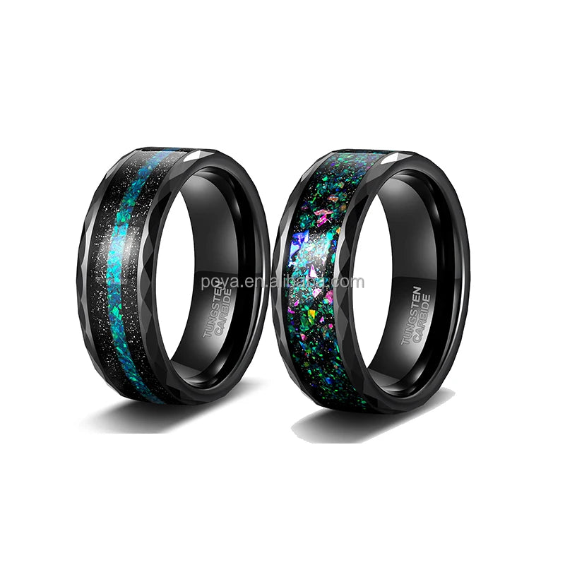 POYA Wholesale 8mm Black Faceted Polished Tungsten Green Fire Opal Inlay Galaxy Wedding Ring for Men