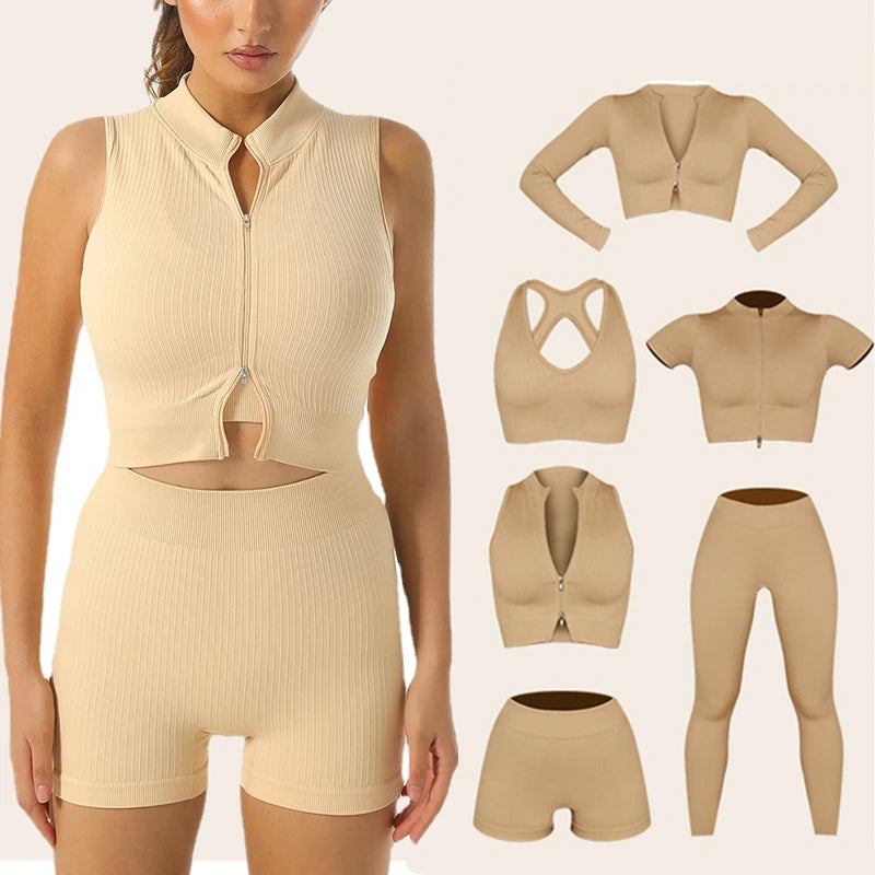 Hot Sale Sportswear Fitness Apparel Women 6 Piece Ribbed Yoga Suit Leggings Set Athletic Wear Gym Shorts Workout Clothes