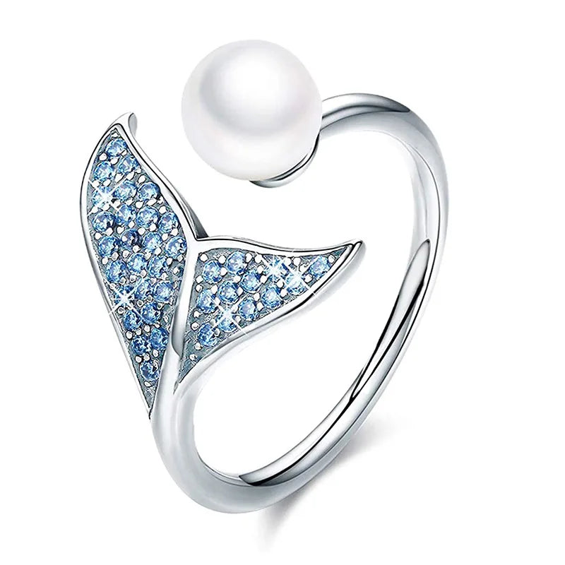 Tongxin Best Selling 925 Sterling Silver Blue Whale Tail Wrap Around Cubic Zircon Pearl Open Ring Jewellery Gift for Women Girls