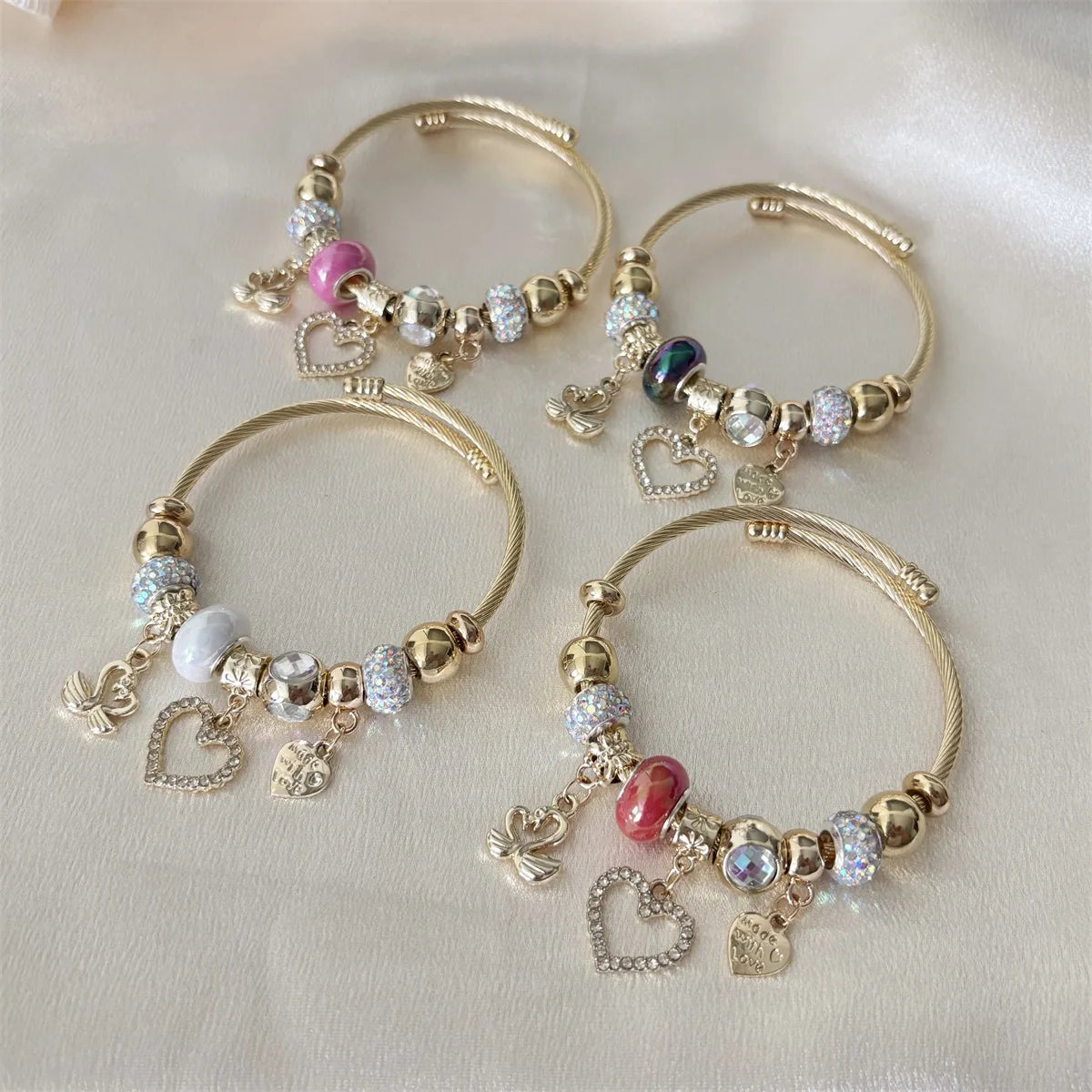 18K Gold Plated Stainless Steel Bangle Bracelet for Women Swan Heart Love Charms with 4 Colors Beads Fashionable Charm Bracelets