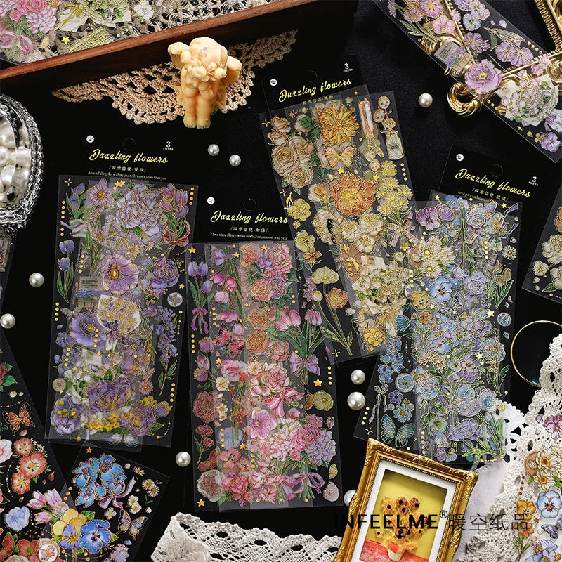 Vintage Flowers Butterfly Gold Stamping Stickers for Scrapbook Album DIY PET Poster Material Sticker Bag
