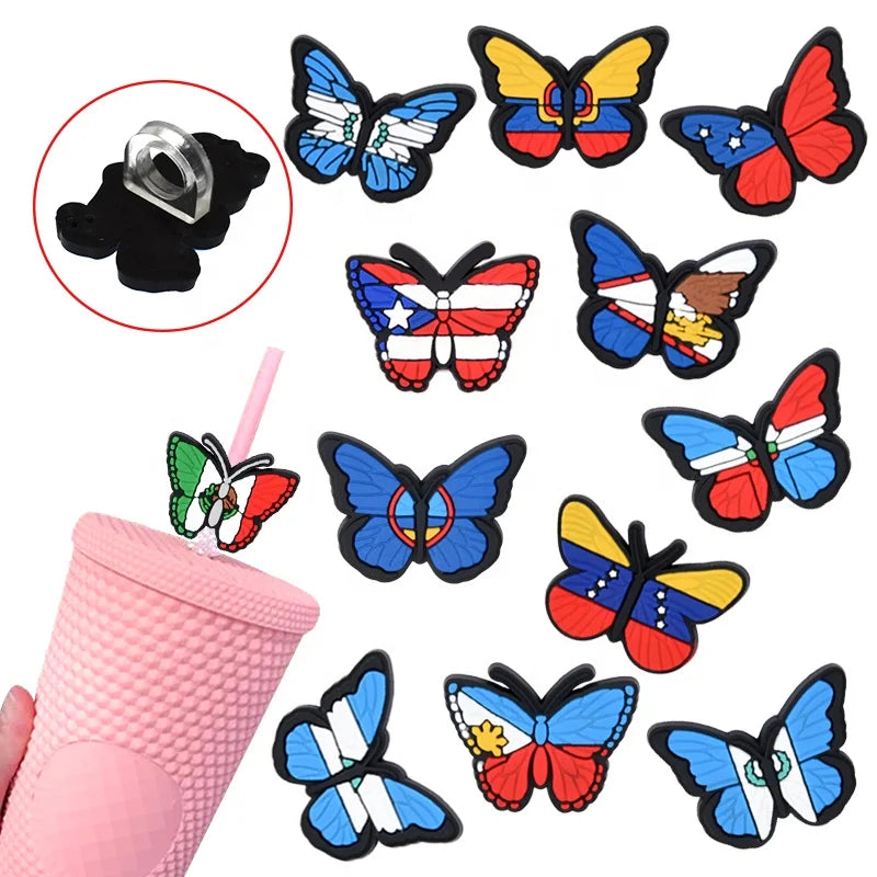 Wholesale Pvc Straw Tips Nigeria Argentina Kenya Dominican Republic butterfly Flag Straw Cover Charm Toppers