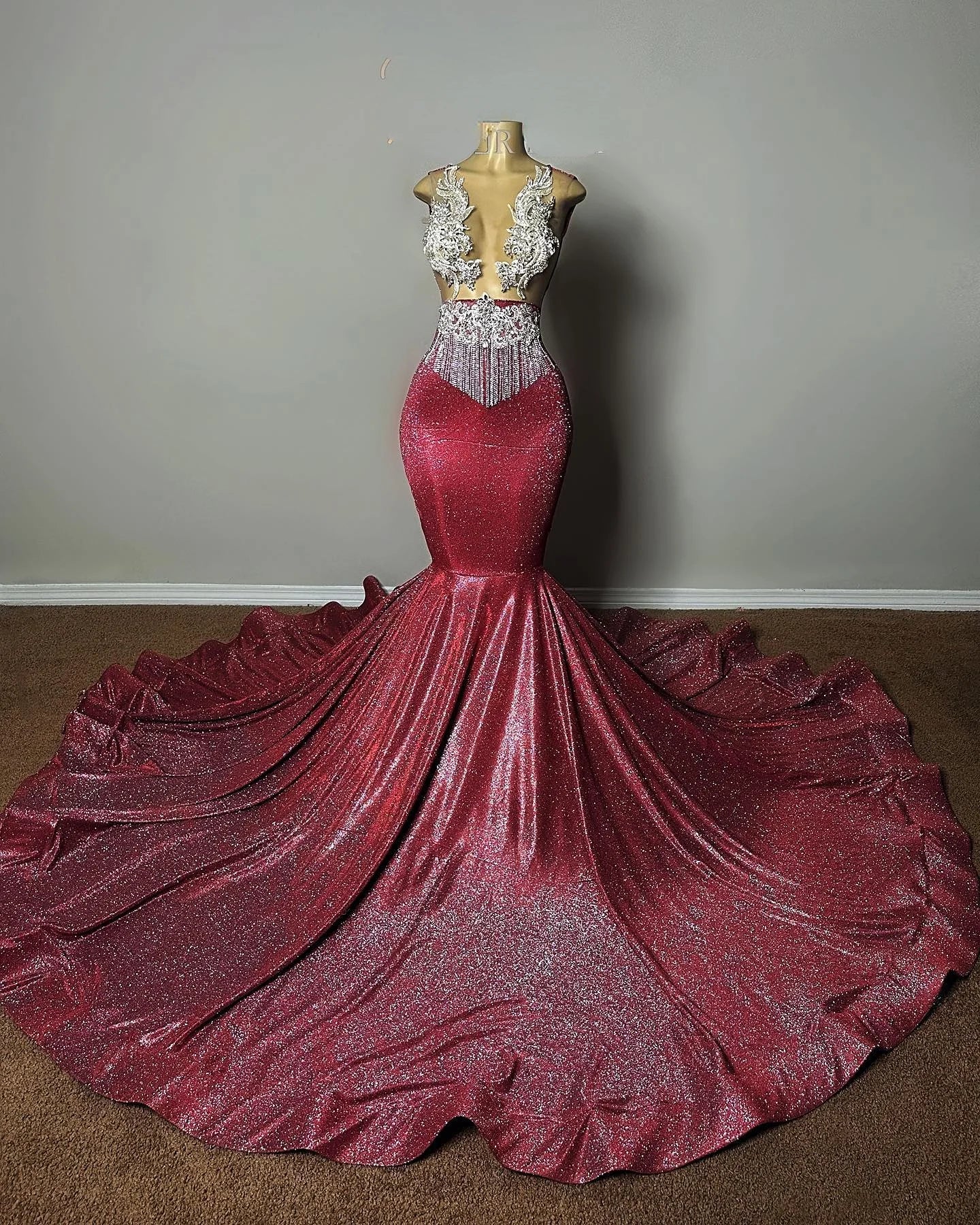 Ocstrade Glossy Glitter Silver and Pink Ball Gown Prom Dresses Rhinestone Tassel Chain Evening Dresses Maxi Party Dress