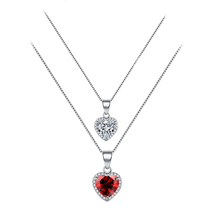 Genuine 925 Sterling Silver Heart Pendant Necklace Ruby Zircon Rhodium Plated for Women Fine Jewelry Accessories
