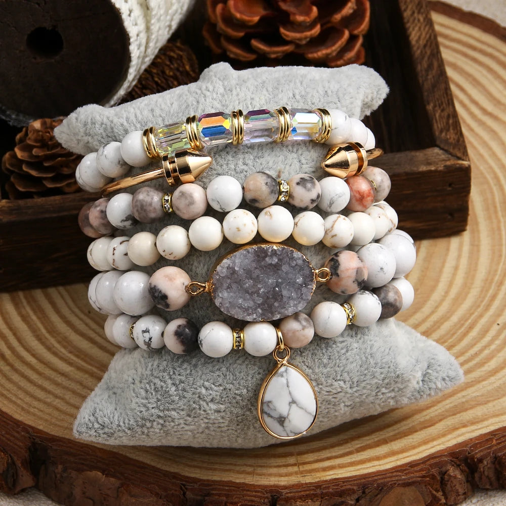 Summer Fashion Bohemian Women Jewelry 6pcs Pink Zebra Natural Stone Beaded Elastic Bracelet Nail Open Bangle Stack Bracelet Set