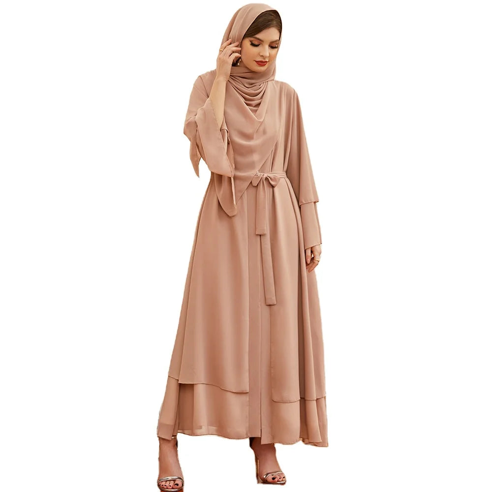 Double-layer Women's Dubai Open Abaya Chiffon Khaki Muslim Dress and Hijab