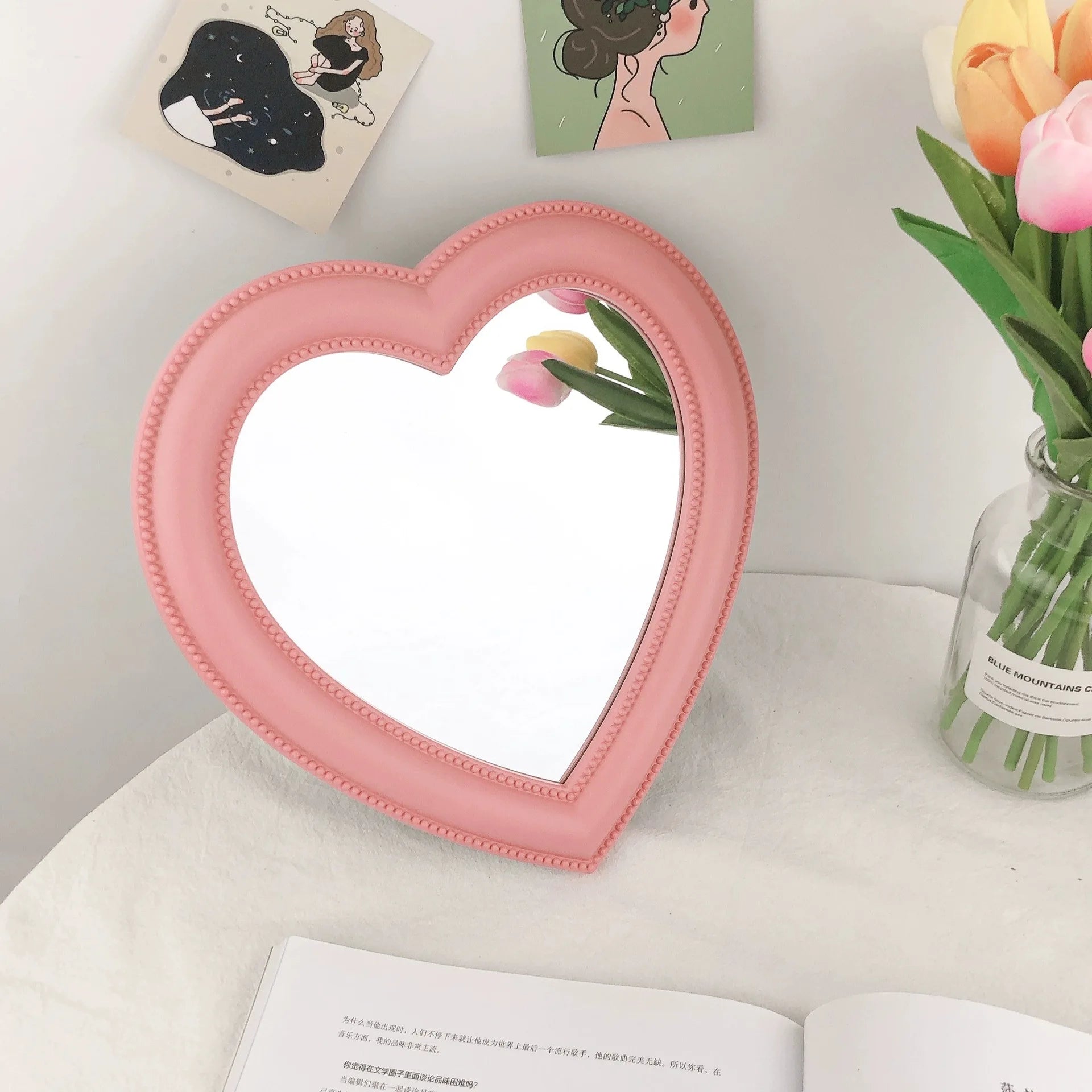 Professional Manufacturer Custom Private logo Heart-Shaped Desktop Vanity Wall Mounted Dual-Use Makeup Mirror