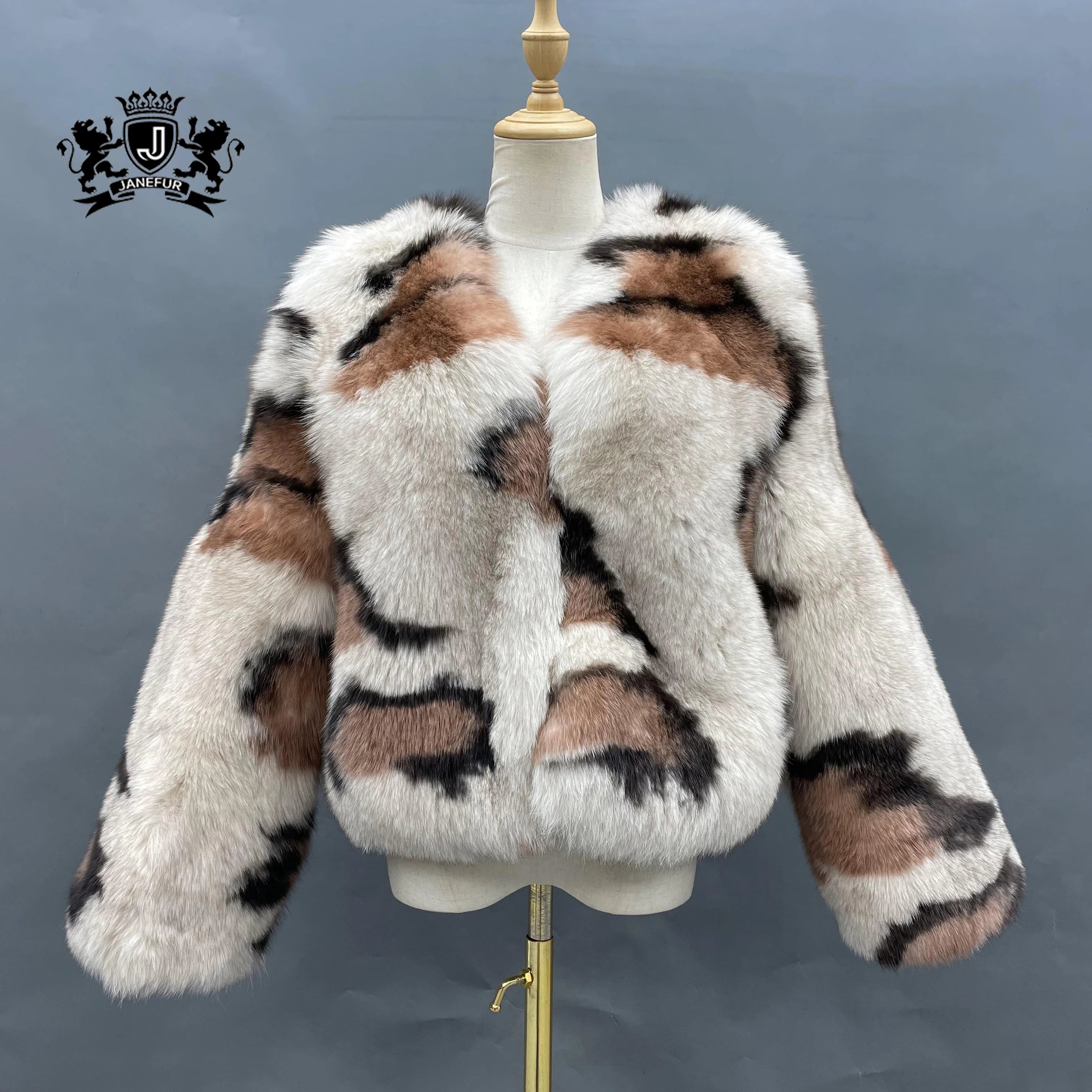 Fashion Women Wholesale V-neck Fox Fur Jacket Short Leopard Pattern Loose Style Winter Warm Real Fox Fur Jacket