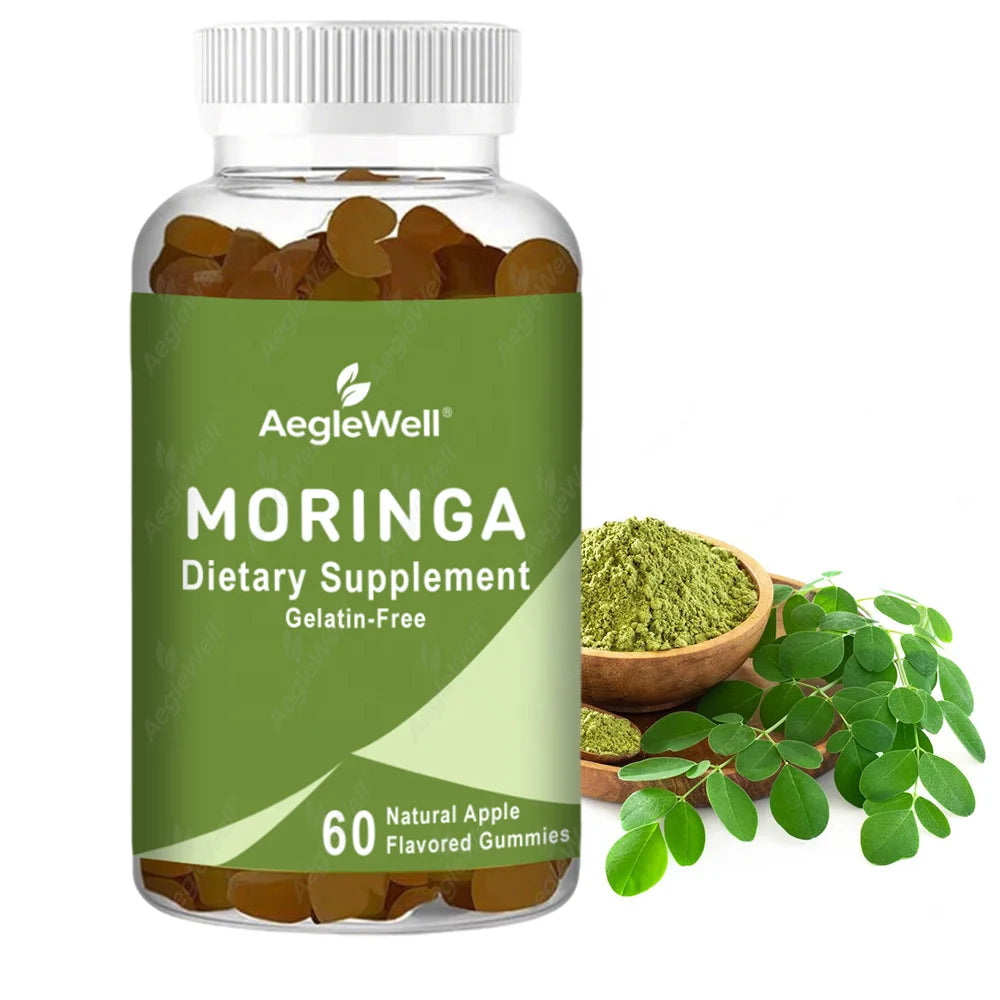 AegleWell Moringa Gummies 60 Count - Gelatin-Free Natural Apple Flavor Superfood Moringa Leaf Extract Supplement OEM/ODM