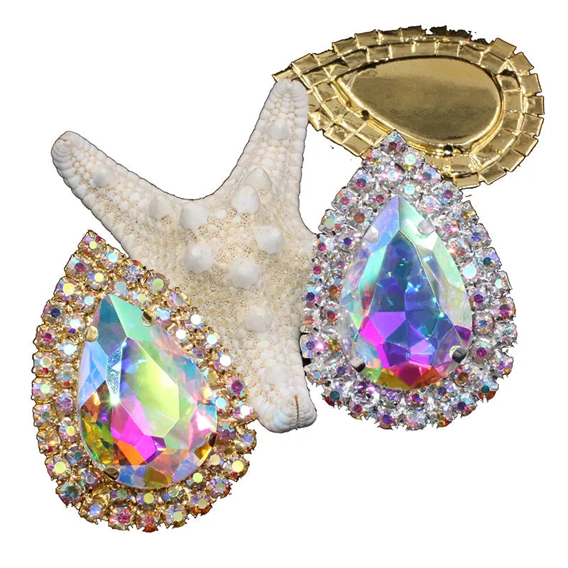 Wholesale Customized Double-Layer Glass Buckle with Rhinestone Rim Drop Shape Sew-On Technique for Garment