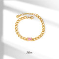 HOVANCI Chunky Pink Round Square Zircon Charm Bracelet 18K Gold Plated Stainless Steel Cuban Link Chain Bracelet Women