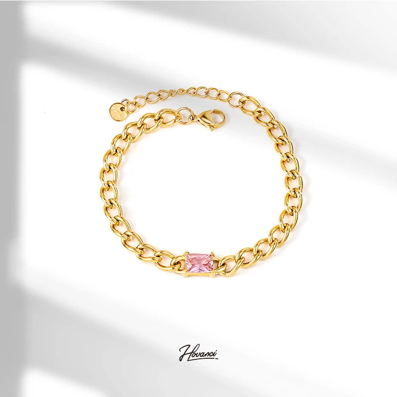 HOVANCI Chunky Pink Round Square Zircon Charm Bracelet 18K Gold Plated Stainless Steel Cuban Link Chain Bracelet Women