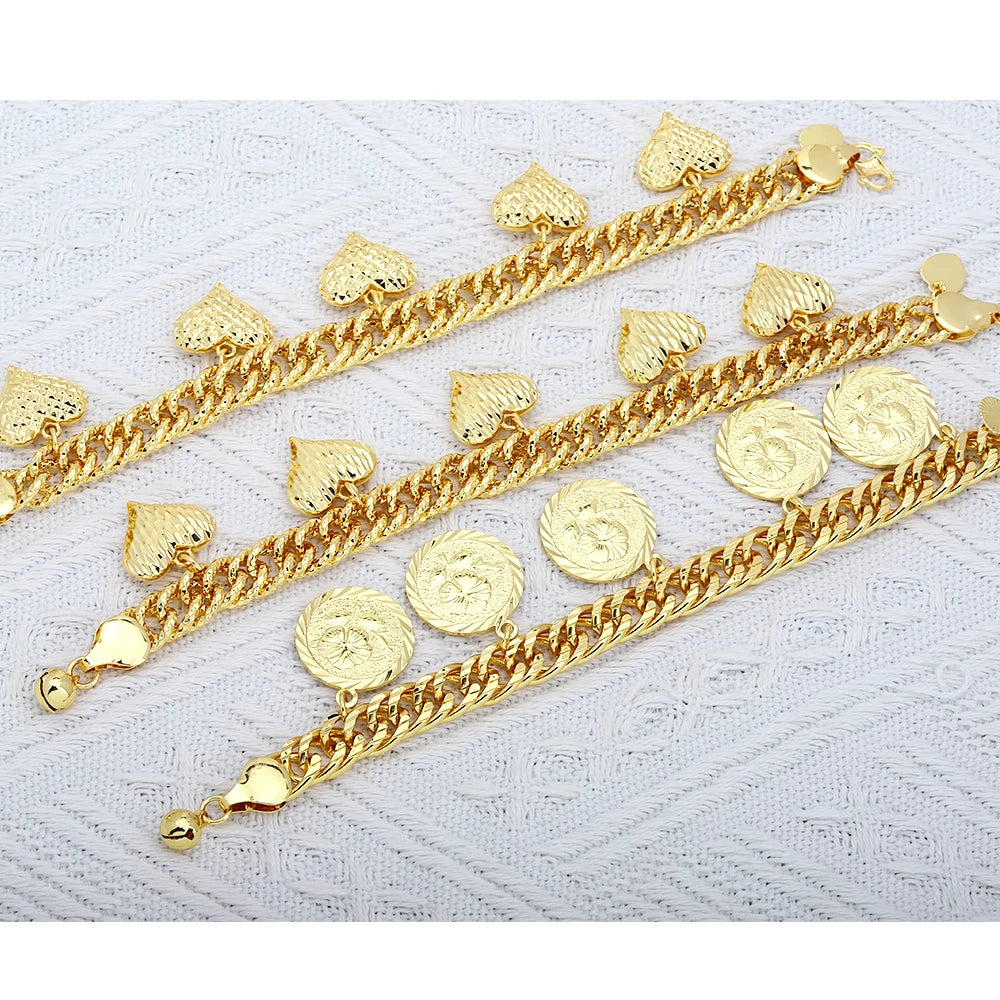 Jxx Wholesale 2023 Gold Plated 24K Brass Round and Love Heart Fashion Jewelry Chain Bracelet for Girls