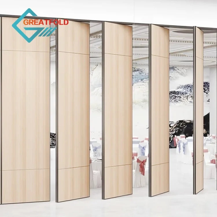 Adjustable Foldable Wood Grain Design Movable Soundproof Fireproof Partition Wall Banquet Hall Restaurant Ballroom Hotel