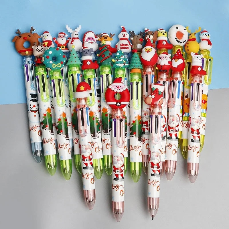 Creative 6-color Christmas Stationery Student Plastic Ballpoint Pen Press Type Children's Journal Event Holiday Gift FR Brand