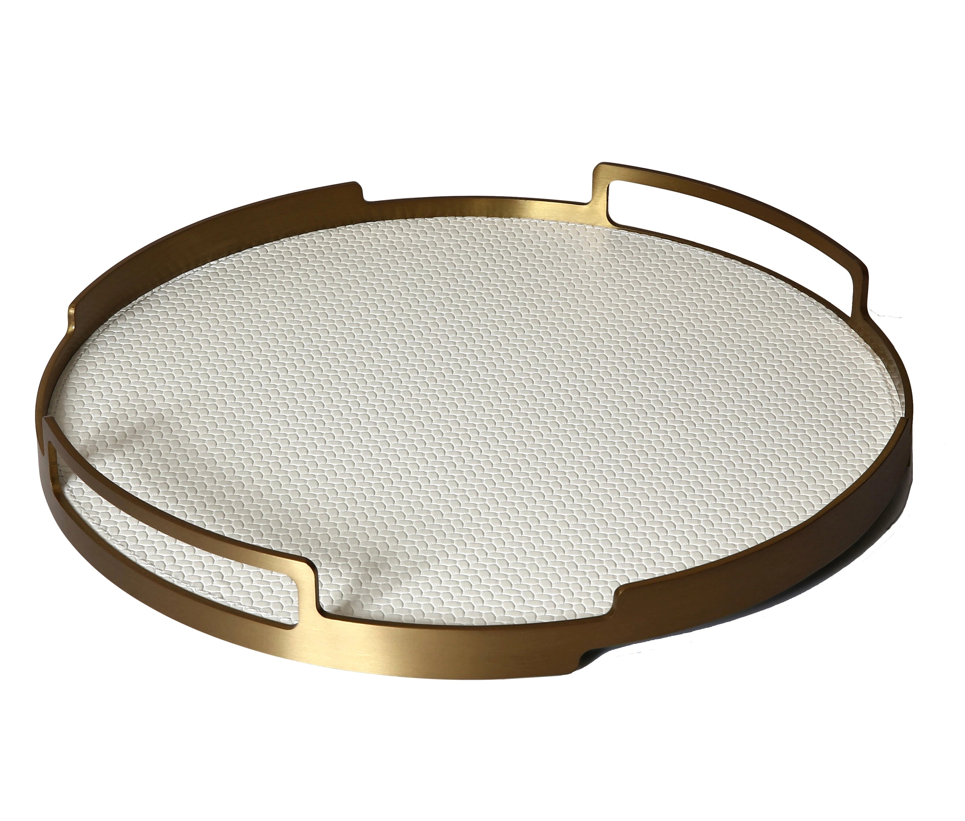 T314Wholesale Custom Color Metal Serving Tray Circular Ramadan Design Rolling Tray Shape Home Decorative Leather Serving Trays