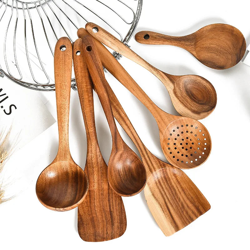 7 Types Thai Teak Wooden Turner Spatula Rice Spoon Big Soup Scoop for Cooking Wood Kitchen Cooking Utensils Supplies