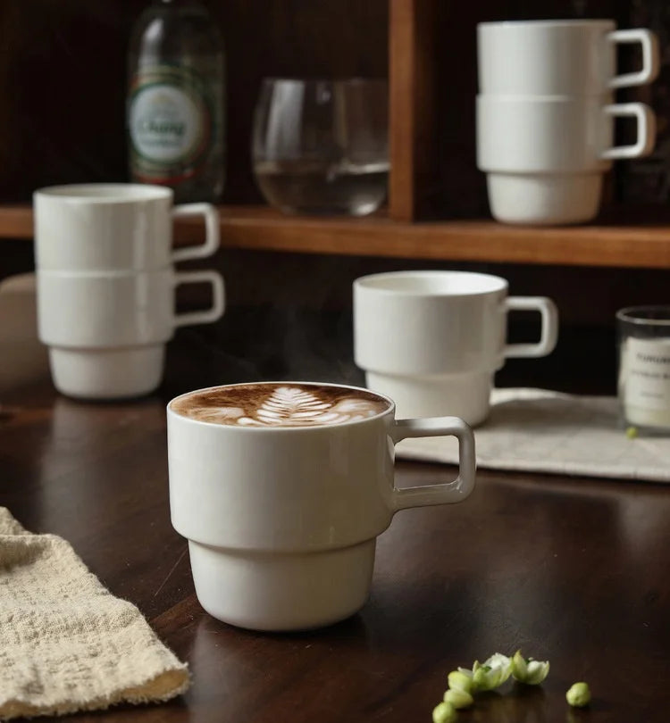 Espresso Stackable Ceramic Coffee Mugs Space Saving Durable Stacking Porcelain Cups