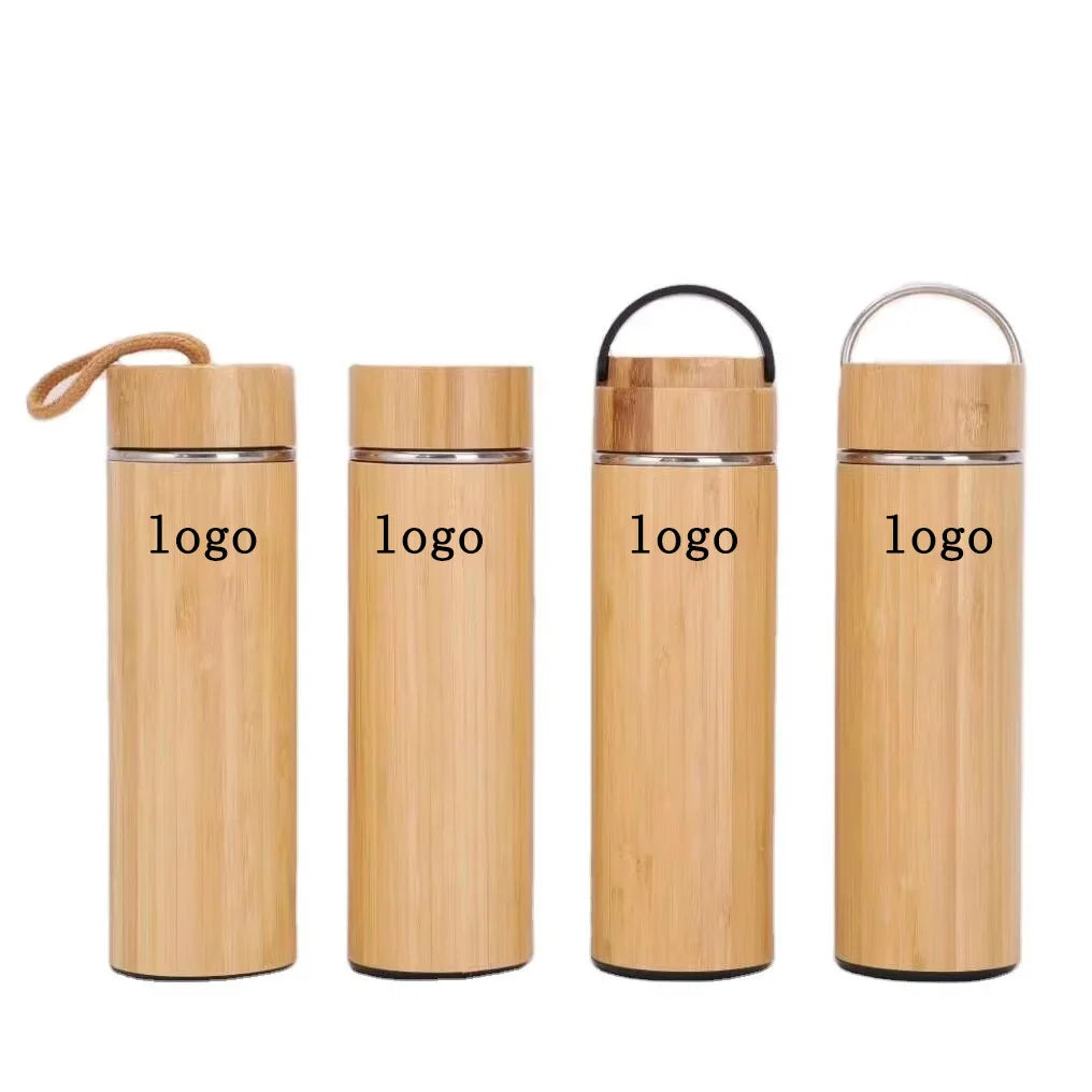 Custom Insulated Stainless Steel Tea Infuser Bamboo Thermos Flask Tumbler Natural Bamboo Thermal Water Bottle