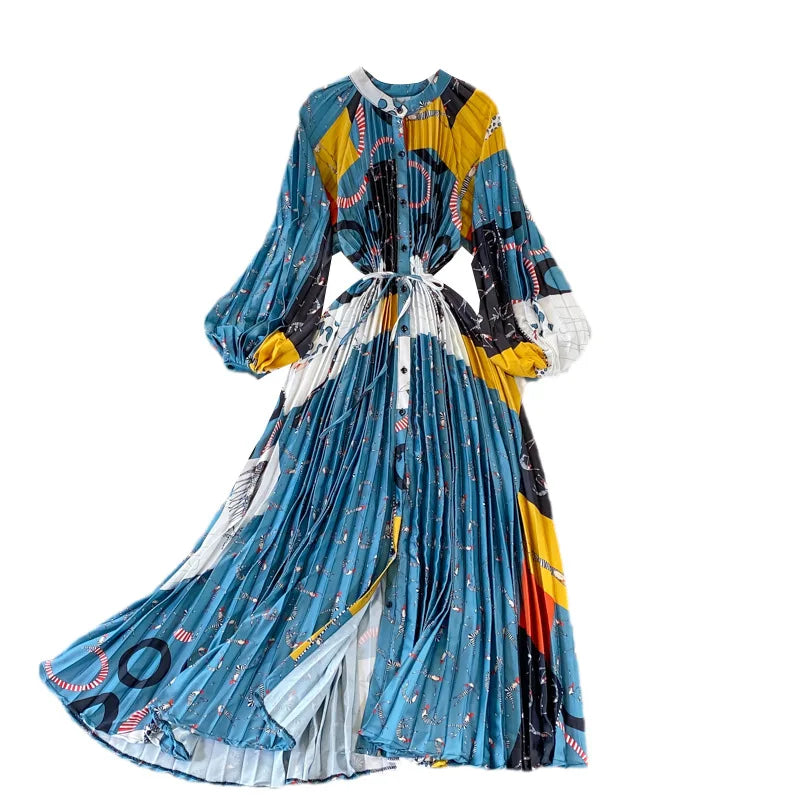 Custom New Spring Autumn Loose Long Sleeve Printed Satin Single Breasted Pleated Maxi Plus Size Women'S Casual Dresses
