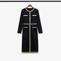 RNSHANGER Women's Elegant Dress Vintage French Fashion Long Sleeve Slim Bodycon Split Dress Sweater Button Decoration Lady Dress