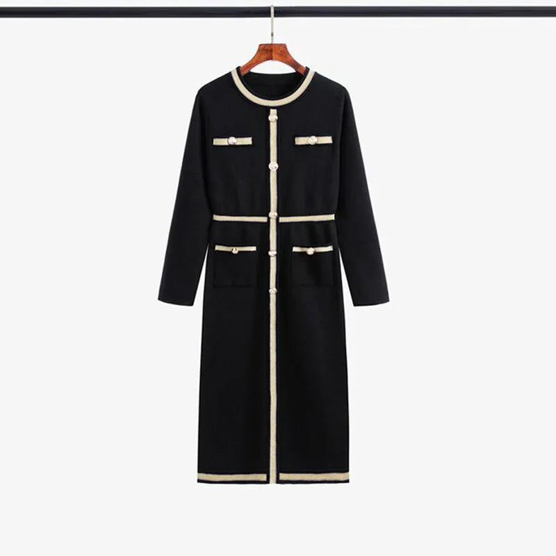 RNSHANGER Women's Elegant Dress Vintage French Fashion Long Sleeve Slim Bodycon Split Dress Sweater Button Decoration Lady Dress
