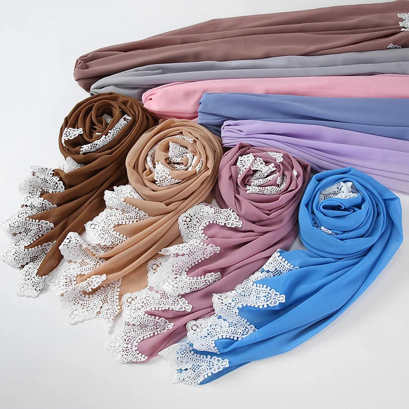 Customizable Logo 2026 Ultra-Thin Breathable Soft Chiffon Women's Long Scarf Fashionable Lace Pearl Design for Muslim Department