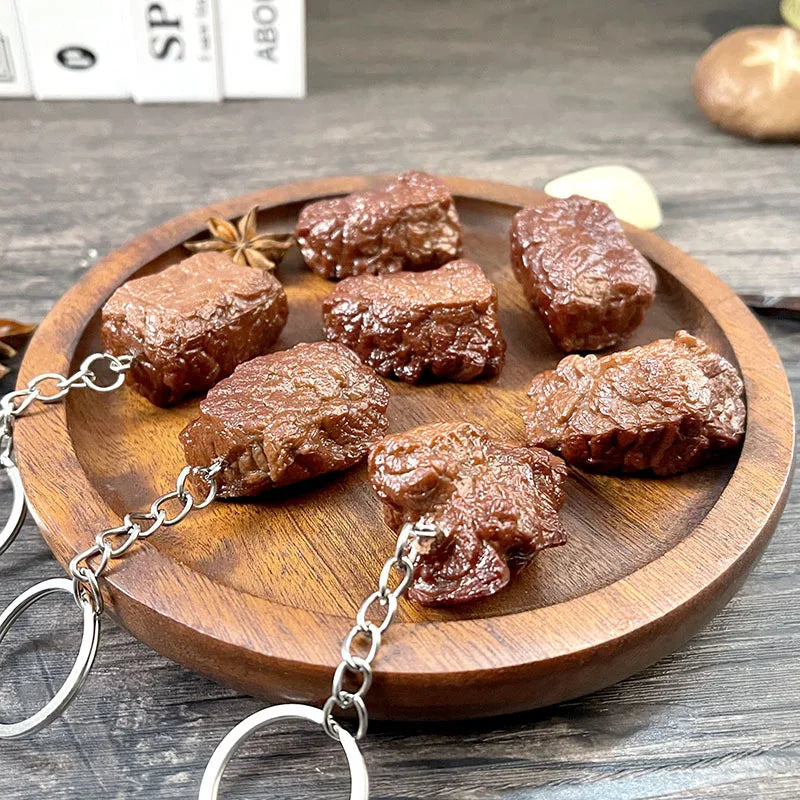 PVC Imitation Food Beef Block Cubes Keychain Fashion Bag Pendant Car Key Accessories Simulation Food Charm Key Ring