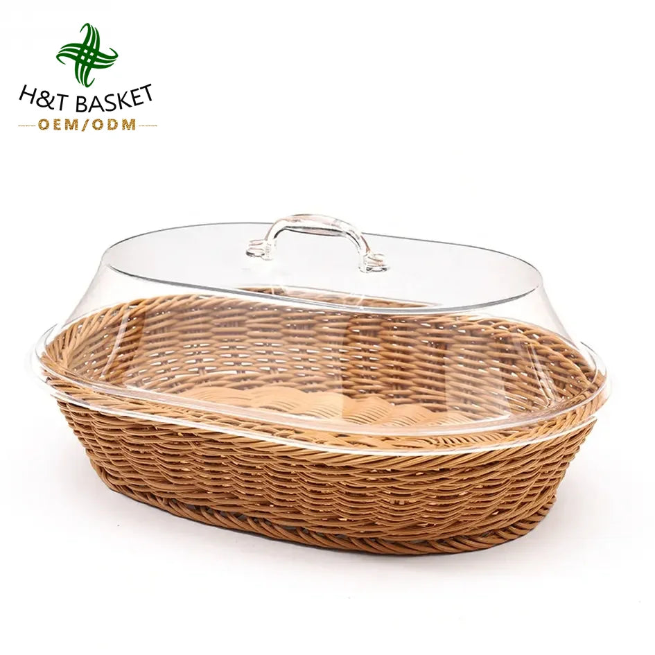 Retro Eco-Friendly Handmade Rectangle Multifunction Plastic Fruit Woven Rattan Picnic Storage Baskets Tray for Kitchen Desktop