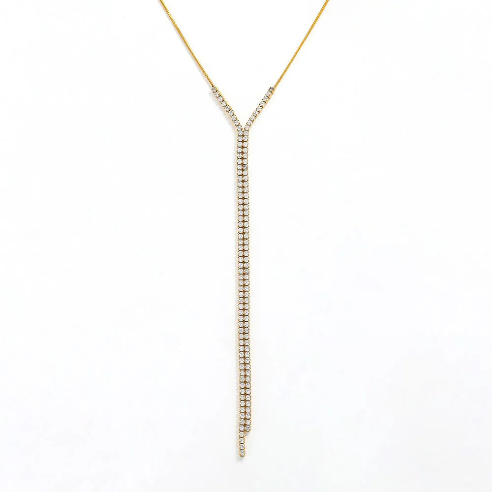 Joolim Jewelry Gold Plated Zirconia Pave Snake Chain Double Tennis Y Tassel Necklace Stainless Steel Jewelry Wholesale
