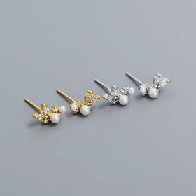 2024 New 925 Sterling Silver Minimalist Shinny Zircon Pearl Charm Stud Earrings for Women