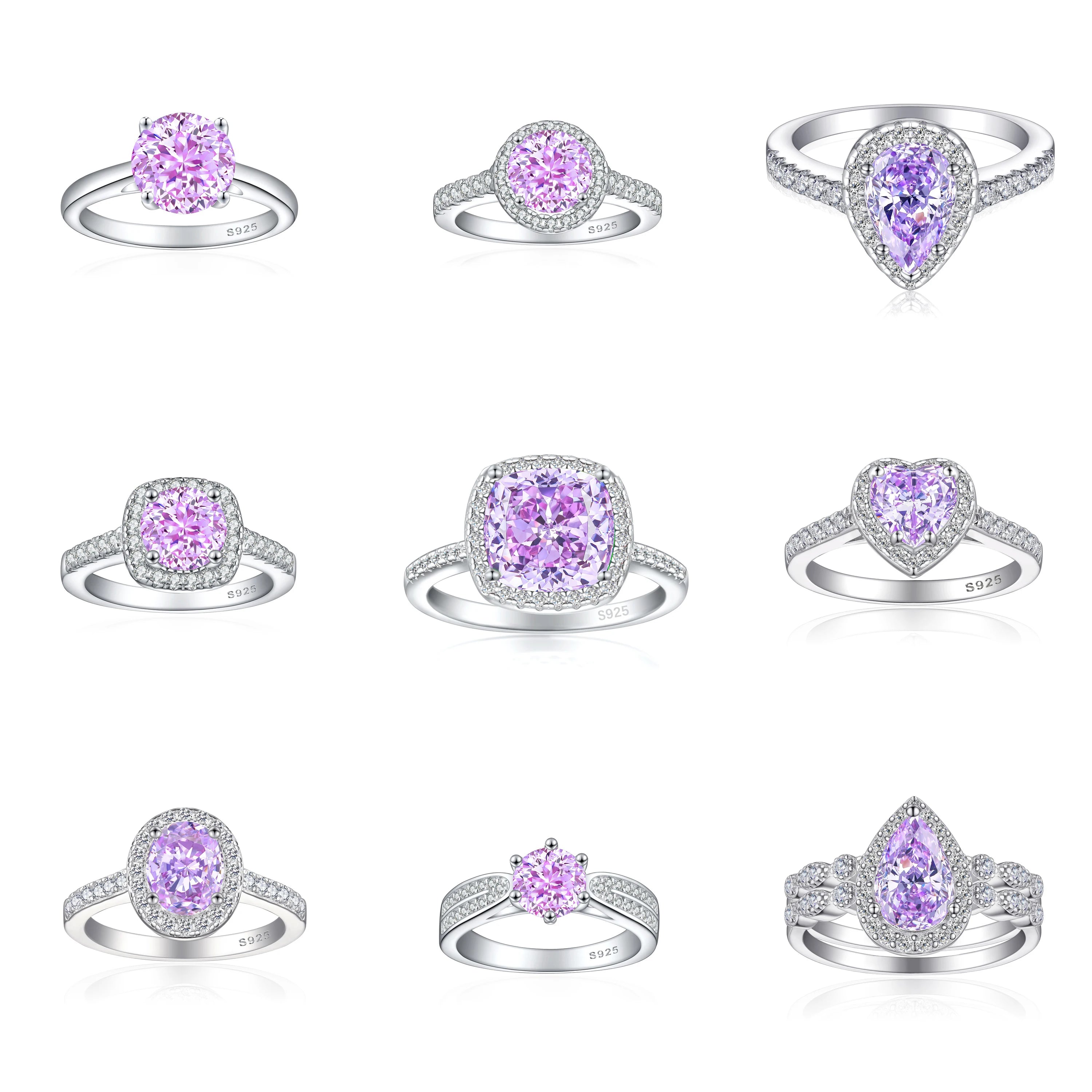 925 Sterling Silver Jewelry Factory Wholesaler Pear Cut Rhodium Plated Purple Cubic Zircon Main Stone Engagement Ring Wholesale