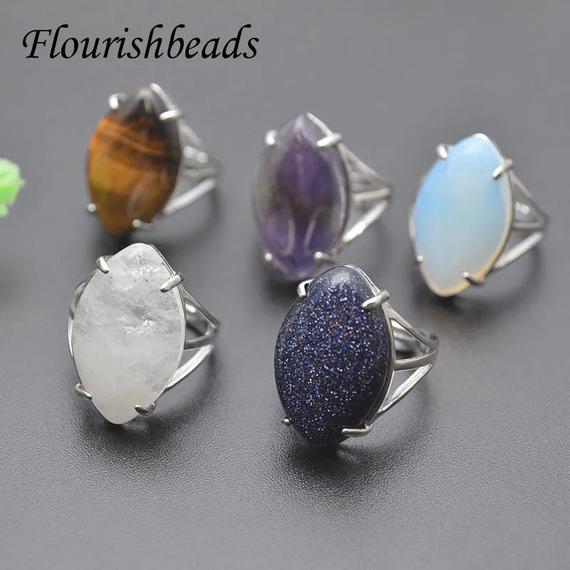 Rhodium Plated Natural Gemstone  Amethyst Crystal Tiger Eye Horse Eye Shape Stone Adjustable Ring for Women Men
