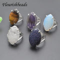 Rhodium Plated Natural Gemstone  Amethyst Crystal Tiger Eye Horse Eye Shape Stone Adjustable Ring for Women Men