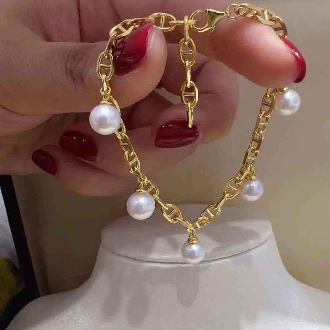 New Brand 6-7MM Freshwater Akoya Pearl Bracelet Fashion Half Hole Round Bead Bracelet for Gift or Party