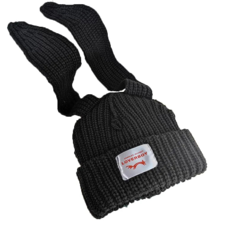 New Stylist Double Layer Thickening Rabbit Ear Knit Hats With Cloth Tag Luxury Beanie for Women