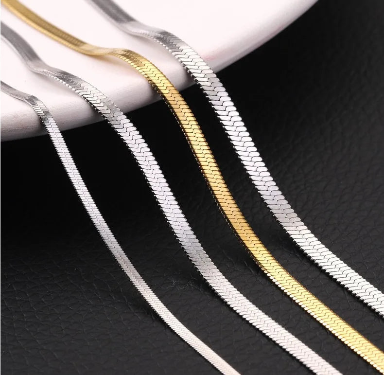 Custom 18K Gold Plated Hip Hop Jewelry 2/3/4/5mm Stainless Steel Snake Bone Chain Choker Gold Silver Flat Snake Chain Necklace