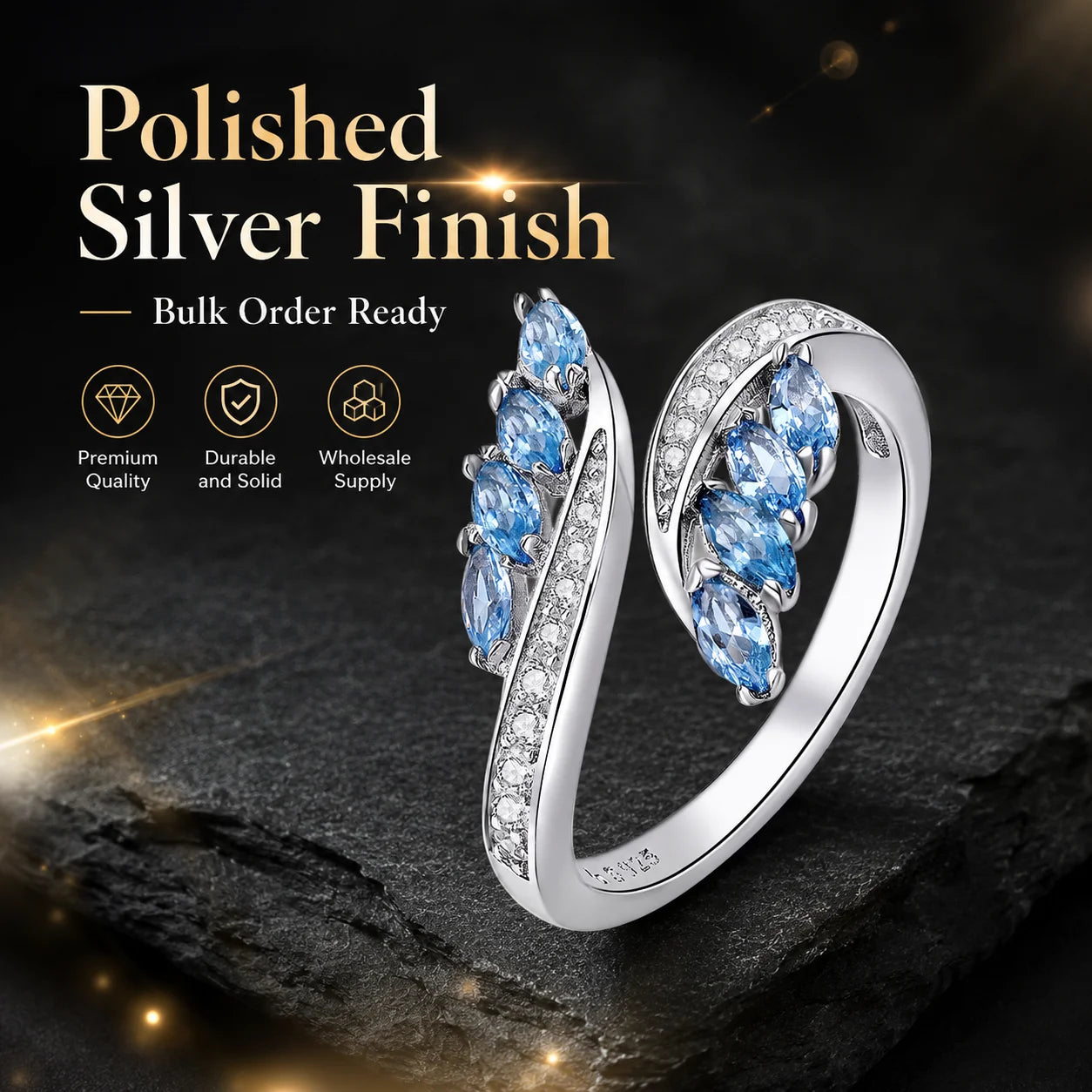 Classic 925 Sterling Silver Feather Ring with Blue Marquise Cut Cubic Zircon Rhodium Plated Adjustable Wholesale for Women