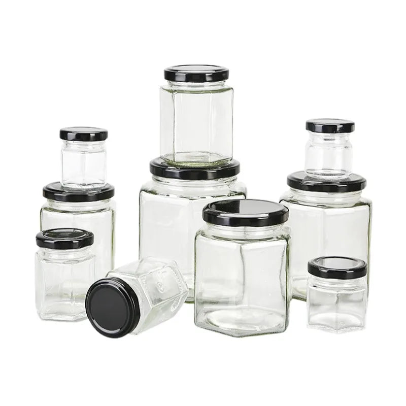 Wholesale Hexagonal Clear Glass Bottle With Screw Metal Lid for Canned Pickles Honey Bottle Food Packaging