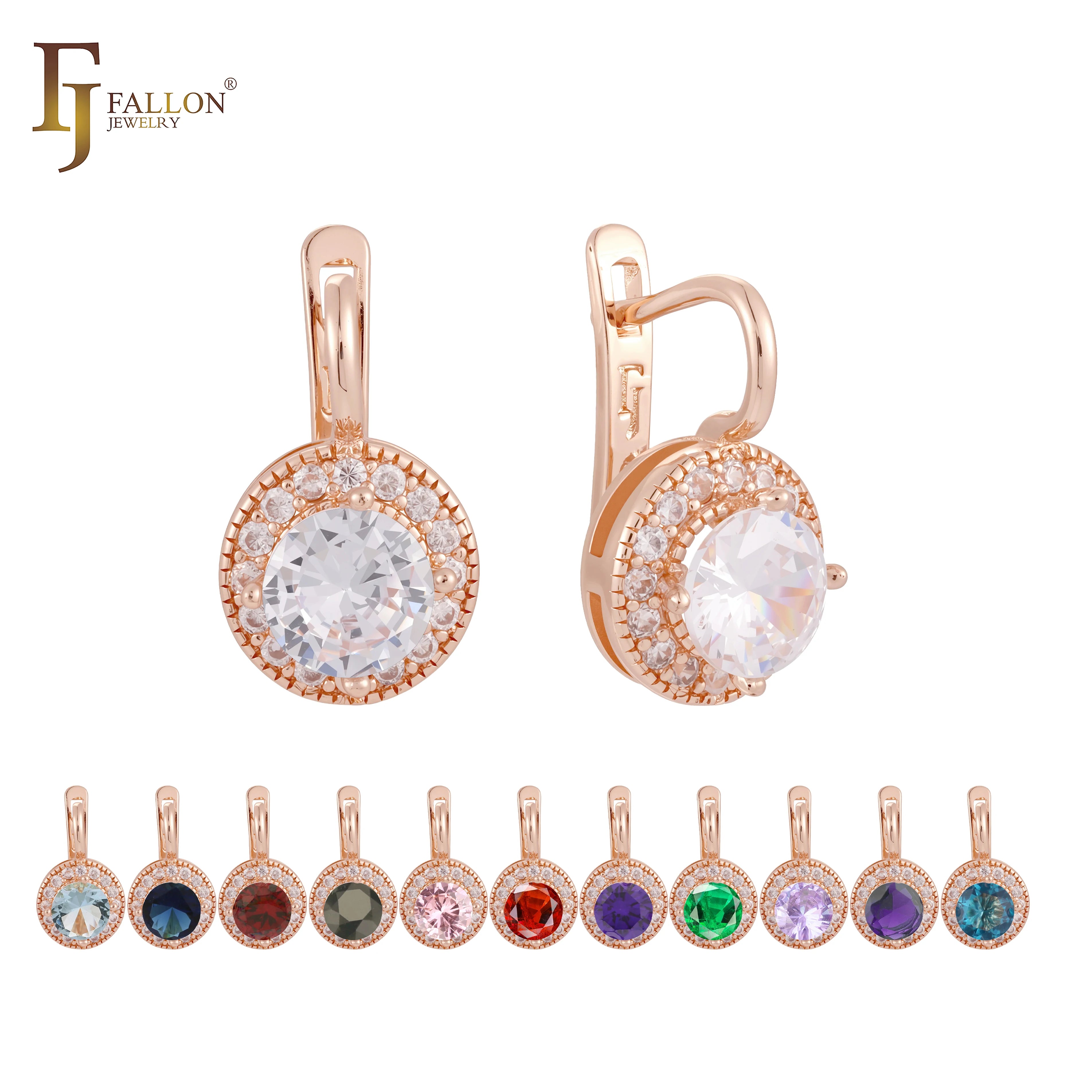 FJ Fallon Fashion Jewelry Halo Russian Lock Earrings Rose Gold Plated Round Sparkling Non-Tarnish Brass Based