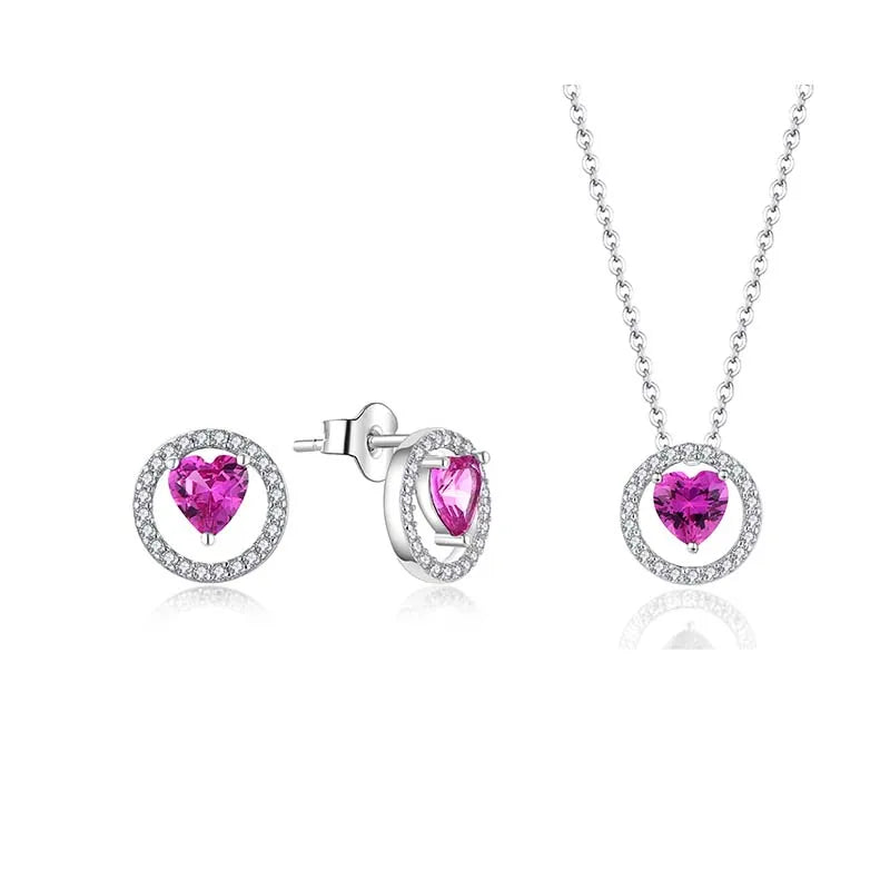 QX Custom Oem Wholesale Women Heart Cubic Zirconia Round Pendants Earrings Luxury Fine Designer Ladies 925 Silver Jewelry Sets