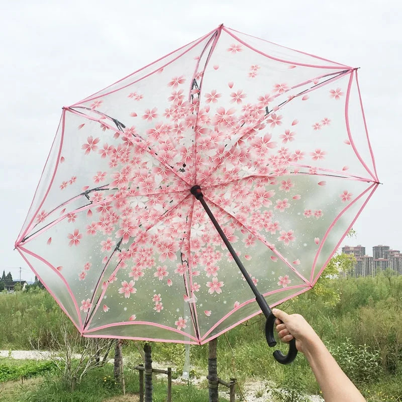 Romantic Cherry Blossom Double Layer Long Handle C Shape Transparent POE Wedding Gift Advertising Umbrella