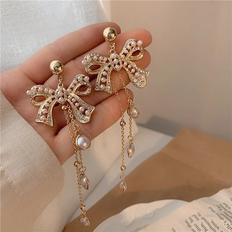 HOVANCI Fashion Earrings 2021 Bowknot Pearl Earring 6 Gold Plated Women Big Pearl Bridal Drop Earrings