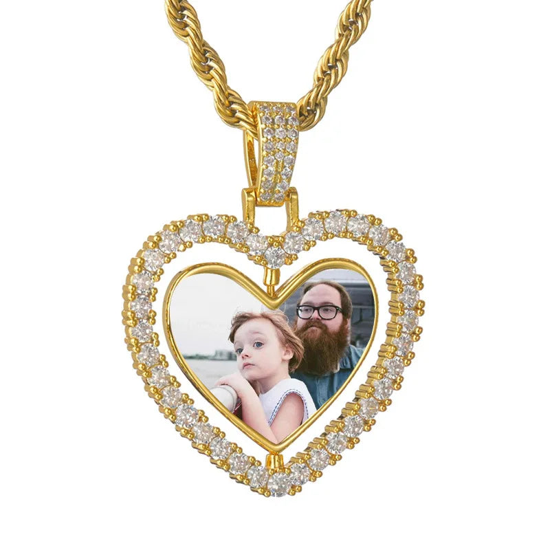 Custom Photo Pendant Necklace Rope Heart-Shape Rotatable Double-Sided Hip Hop Style Gold Plated Brass Zircon Lab Created Ranoveo