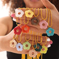 Women's Gold Plated Stainless Steel Bead Chain Necklace with Colorful Resin Summer Flower Pendant Waterproof Non-Tarnish Gift
