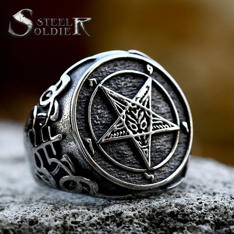 SS8-965R Stainless Steel Fashion Jewelry Rings Pentagram Baphomet Goat Sulfur Leviathan Cross Satan Devil Symbol Ring Jewelry