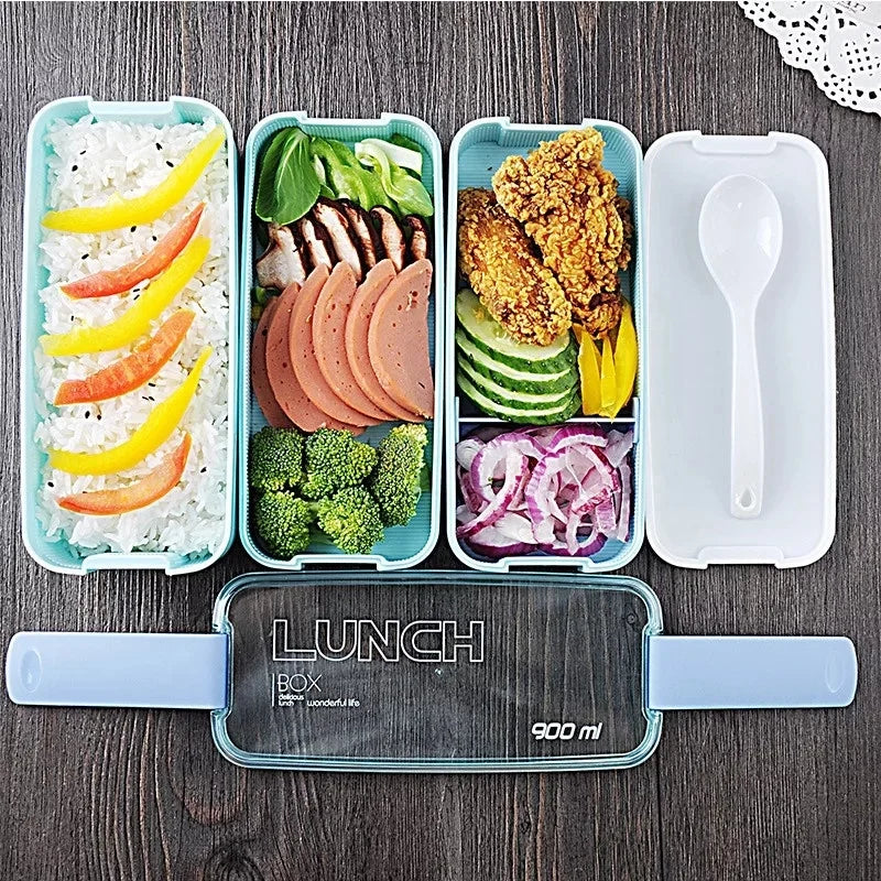 Wishome High Quality 3 Layer Heatable Foodgrade Eco-Friendly Colored Lunch Box Bento Container with Spoon Plastic
