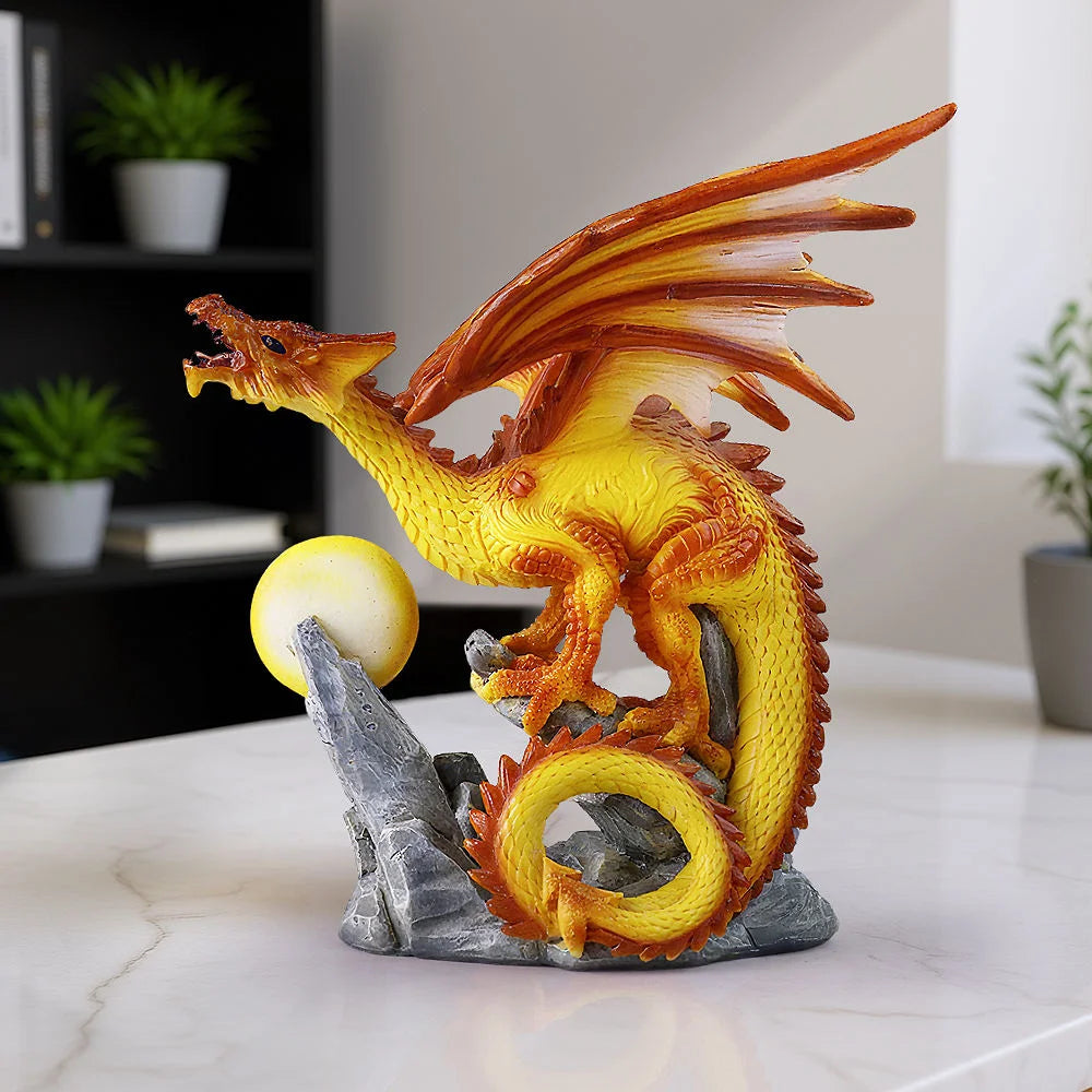Resin Fire Dragon Sculpture with Luminous Orb & Hand-painted Realistic Craft Christmas Home Decor Figurine